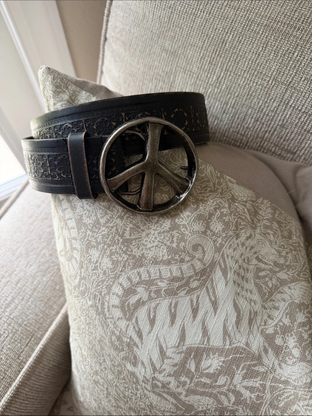 Women’s Brown Leather Belt with Peace Sign Buckle